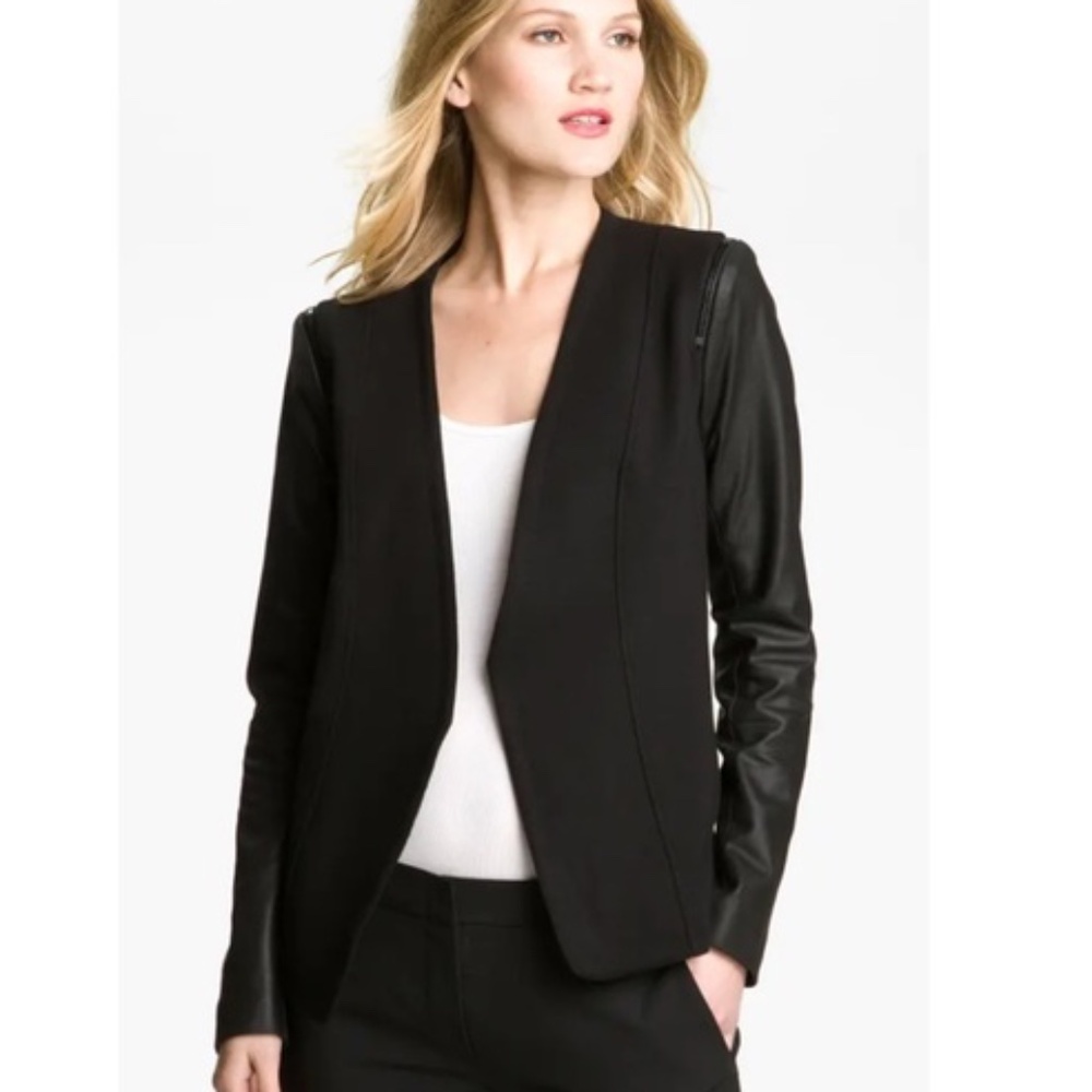 Theory Black Blazer Leather Sleeve Open Front Jacket Small